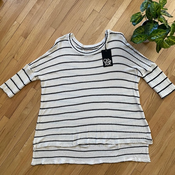 NWT Chaser Waffle Knit Striped Half Sleeve Oversized Hi-Low Ivory Top Size M - Picture 1 of 10